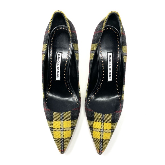 Manolo Blahnik BB Yellow Black Plaid Tartan Pointed Toe Heels Pumps Shoes 39 9 - Picture 2 of 10